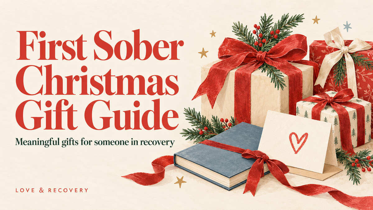 First Sober Christmas Gift Guide from Love & Recovery: wrapped Christmas presents with red ribbon and evergreen, a journal and a card with a hand-drawn red heart, meaningful gifts for someone in recovery