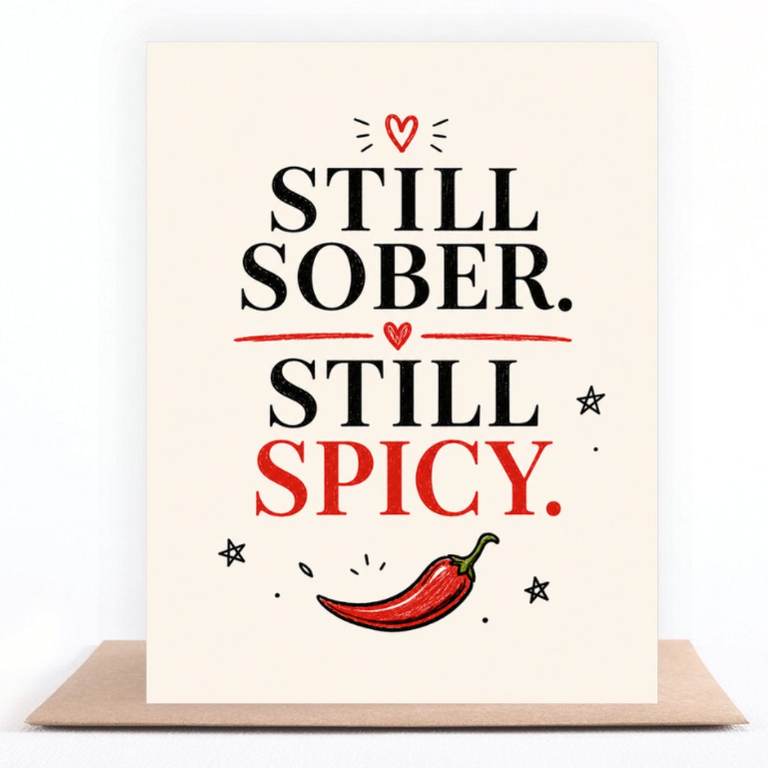 Still Sober. Still Spicy. greeting card standing on a kraft envelope