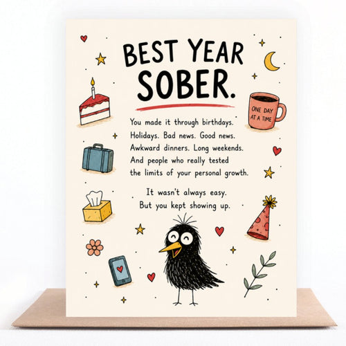 Best Year Sober greeting card standing on a kraft envelope