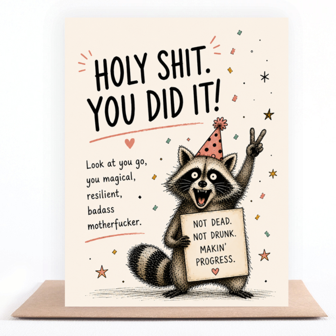 Not Dead, Not Drunk, Makin' Progress raccoon greeting card standing on a kraft envelope