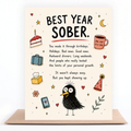 Best Year Sober greeting card standing on a kraft envelope