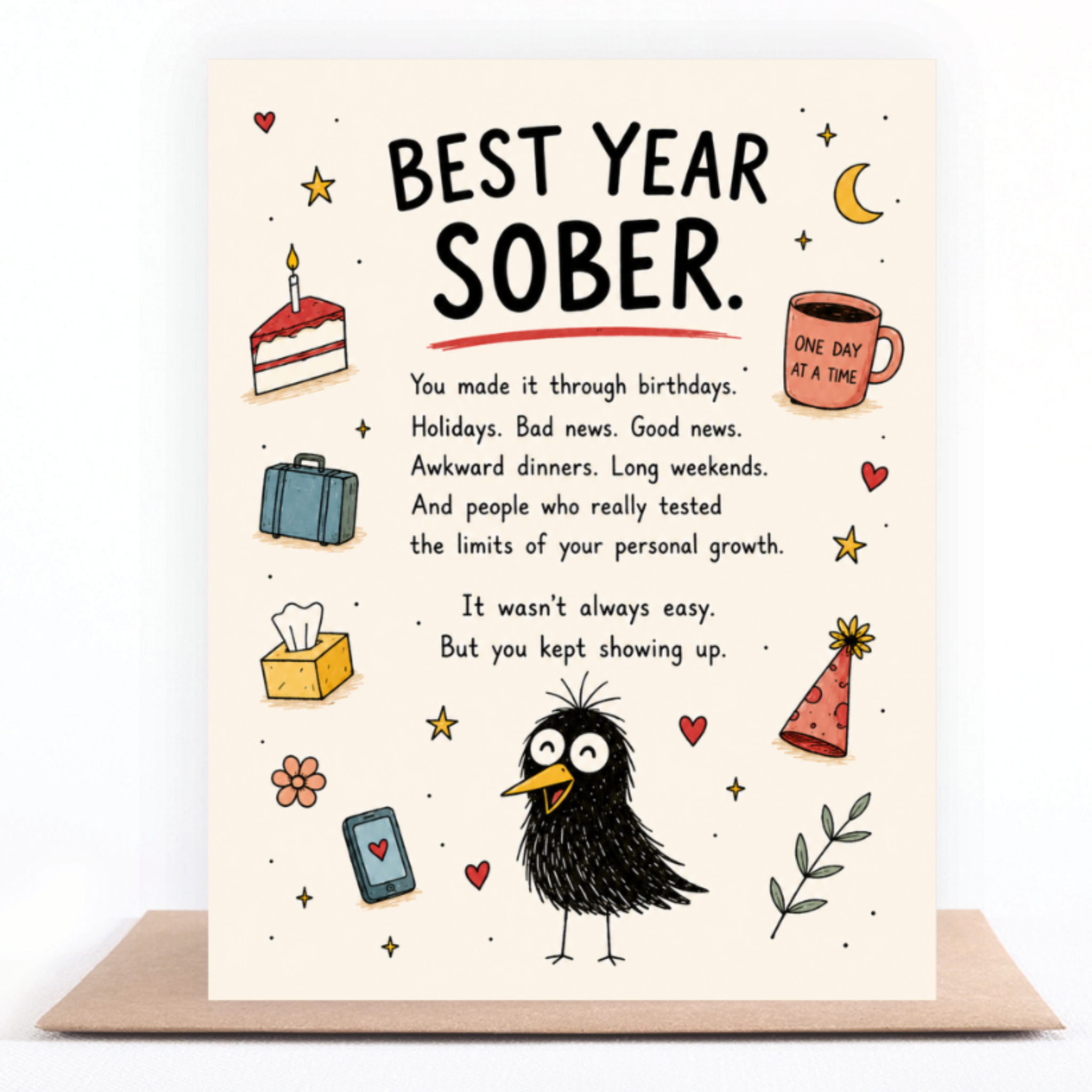 Best Year Sober greeting card standing on a kraft envelope