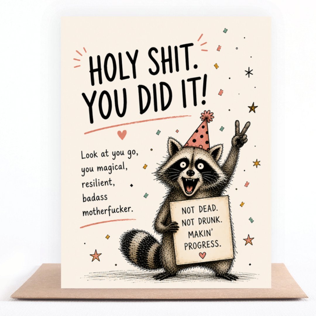 Not Dead, Not Drunk, Makin' Progress raccoon greeting card standing on a kraft envelope