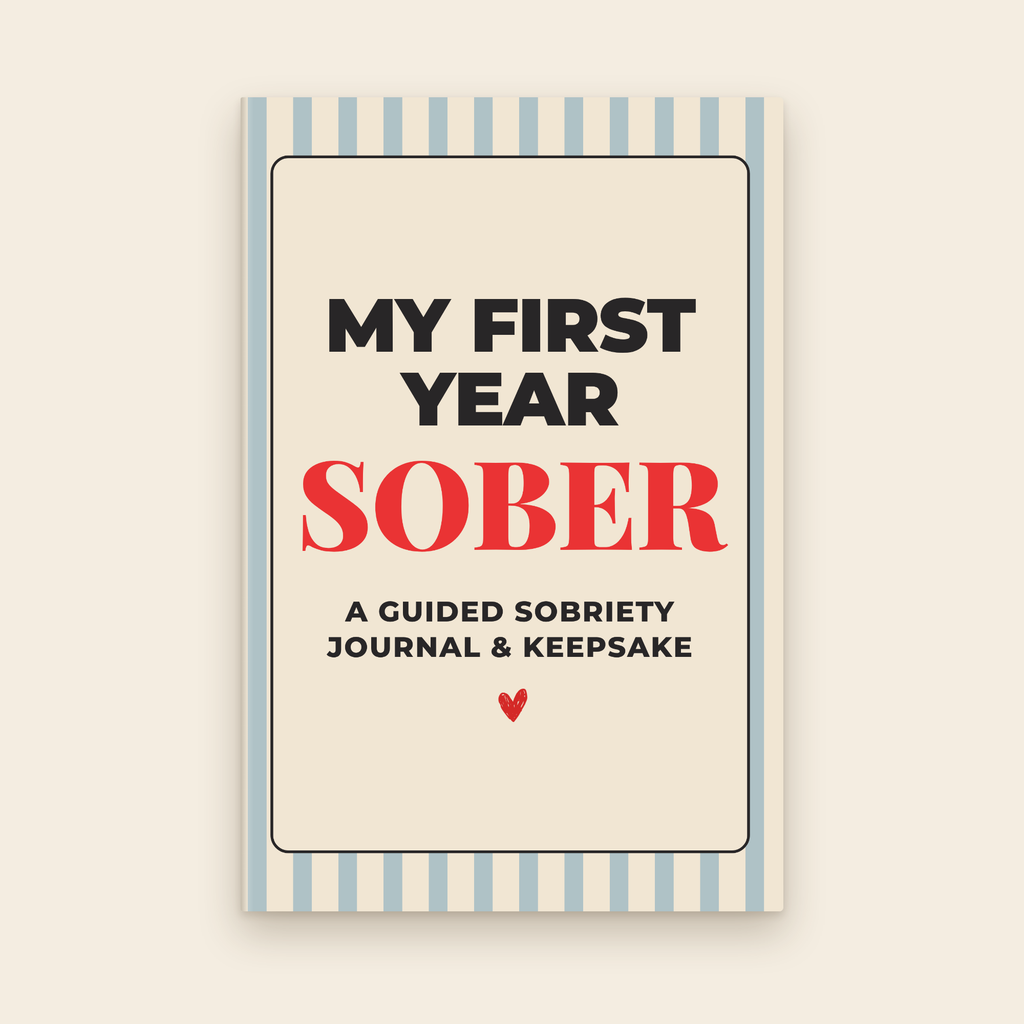 My First Year Sober guided sobriety journal and keepsake cover with blue stripes and red title by Love & Recovery