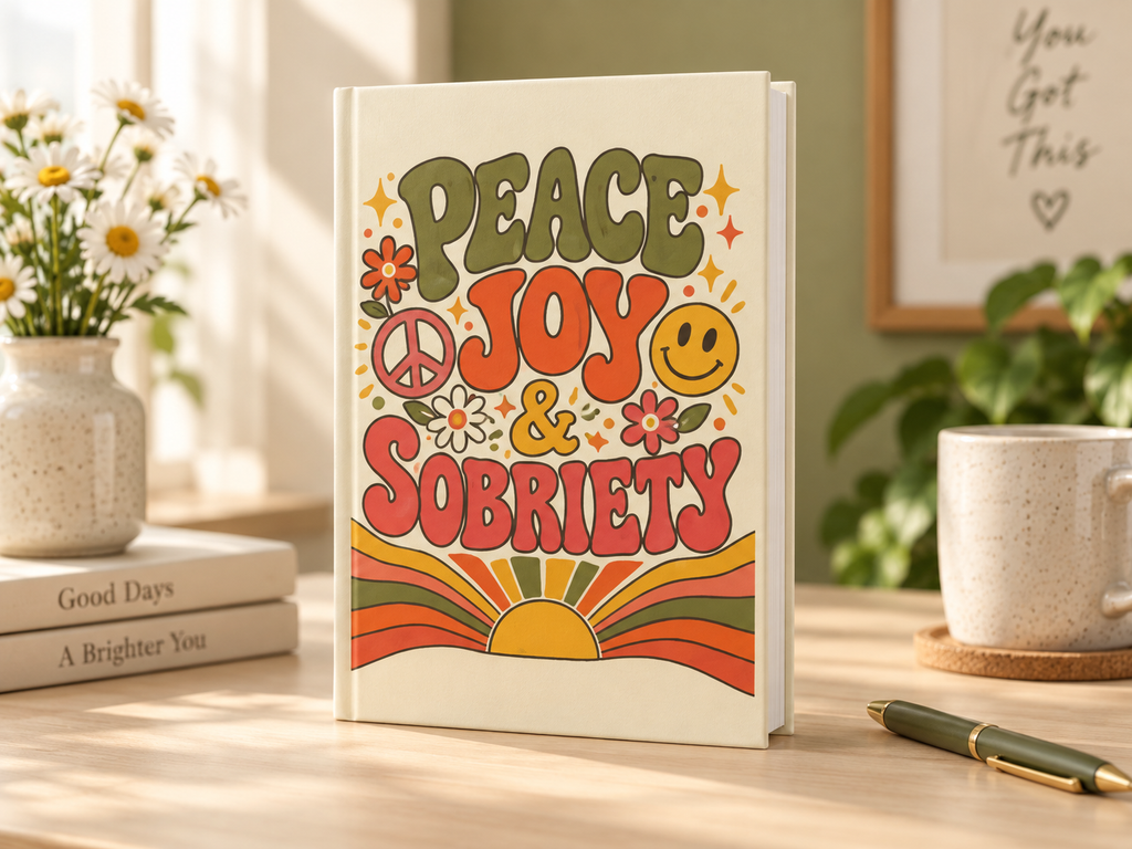 Peace, Joy & Sobriety personalized hardcover sobriety journal, front cover with retro sunburst design