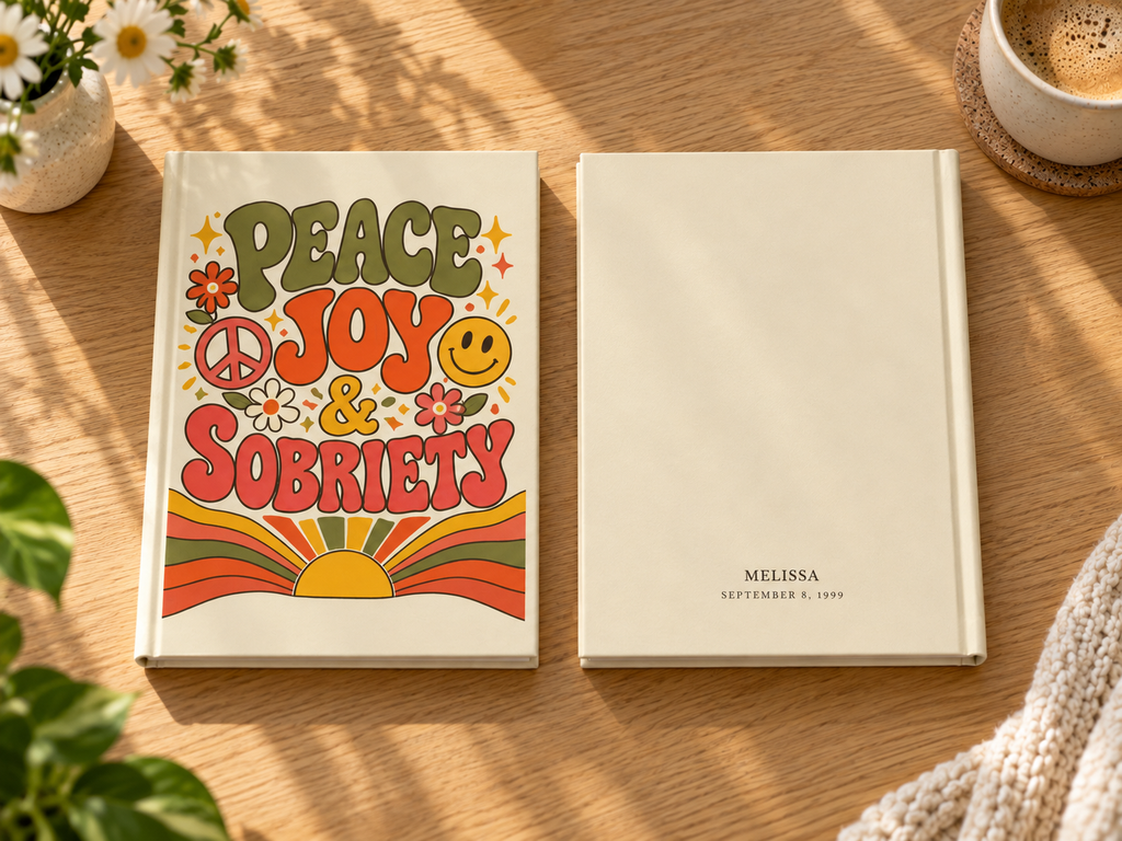 Peace, Joy & Sobriety journal cover close-up showing retro lettering, peace sign, and smiley face