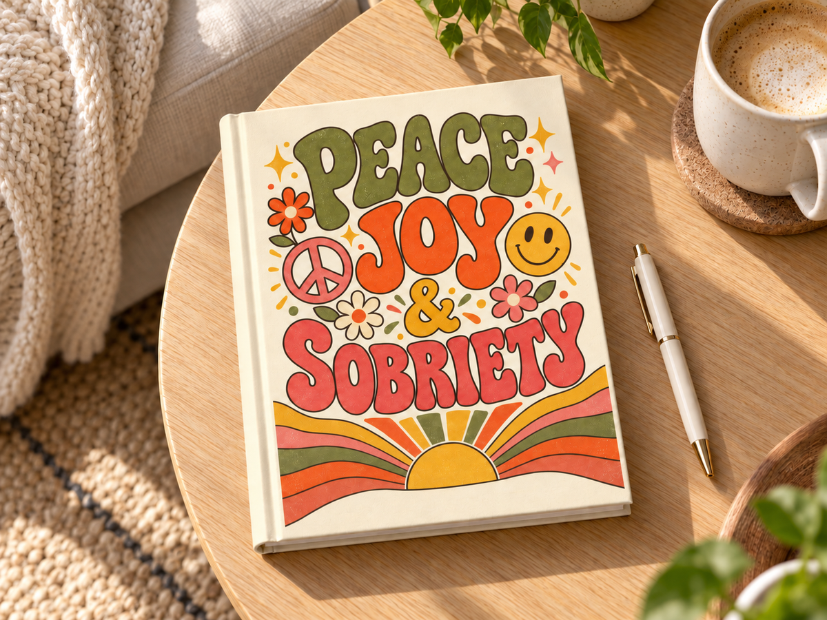 Personalized sobriety journal styled on a cozy knit throw, sobriety anniversary gift
