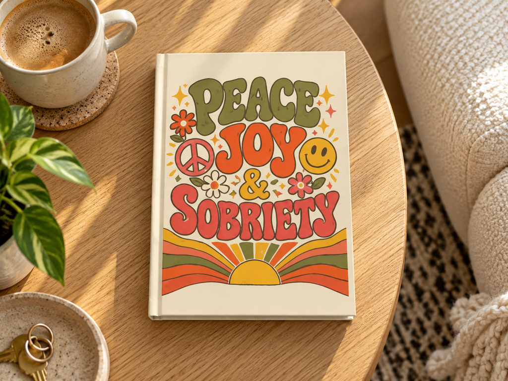 Two Peace, Joy & Sobriety journals side by side showing the front cover design and personalized back cover with name and sobriety date