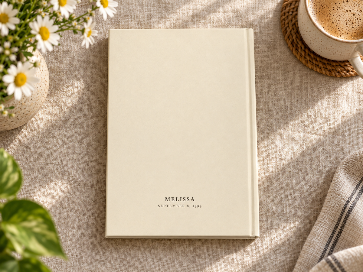 Personalized sobriety journal back cover close-up with custom name and sobriety date printed