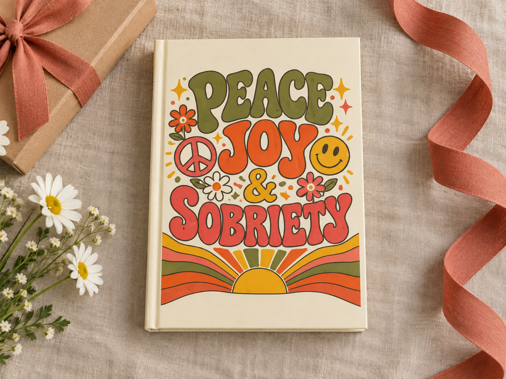 Peace, Joy & Sobriety personalized journal gift wrapped with kraft paper and ribbon