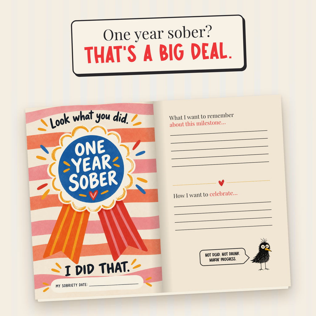 One year sober celebration spread with milestone ribbon and space to reflect on the sobriety anniversary