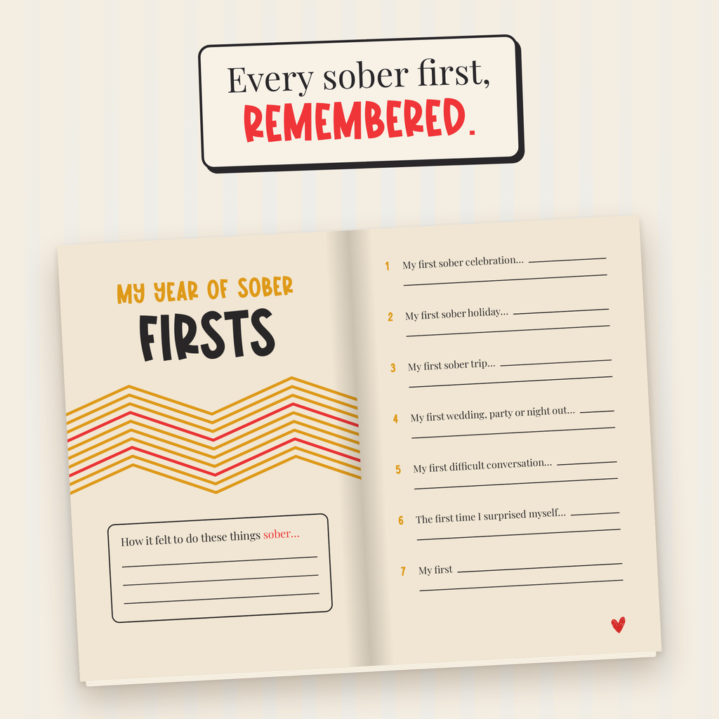 Sober Firsts journal spread with prompts for a first sober celebration, holiday, trip and conversation