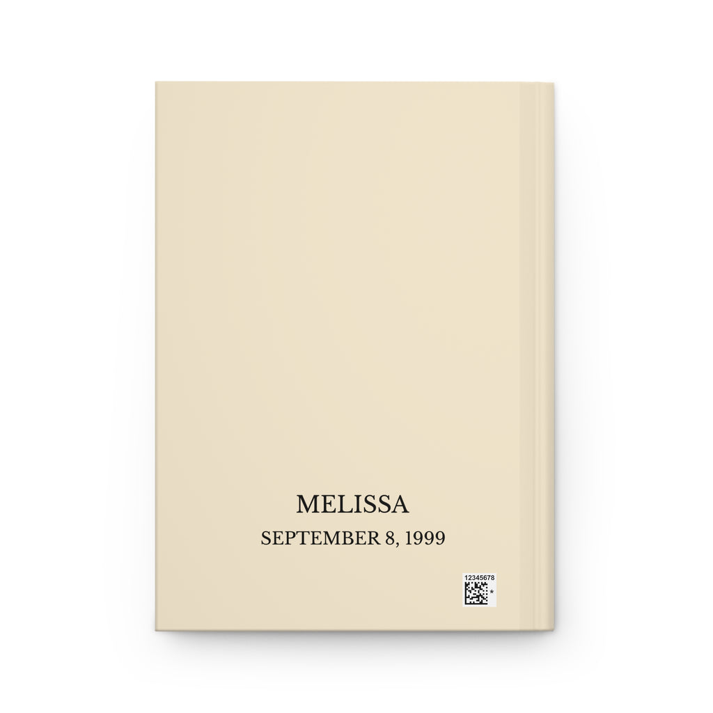 Personalized sobriety journal back cover on white background showing custom name and sobriety date