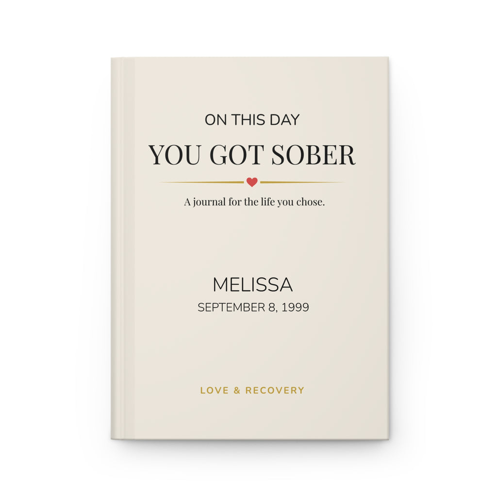 Front view of personalized On This Day You Got Sober hardcover journal with name and sobriety date