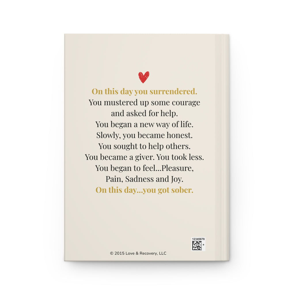 Back cover of On This Day You Got Sober journal with original recovery poem and red heart