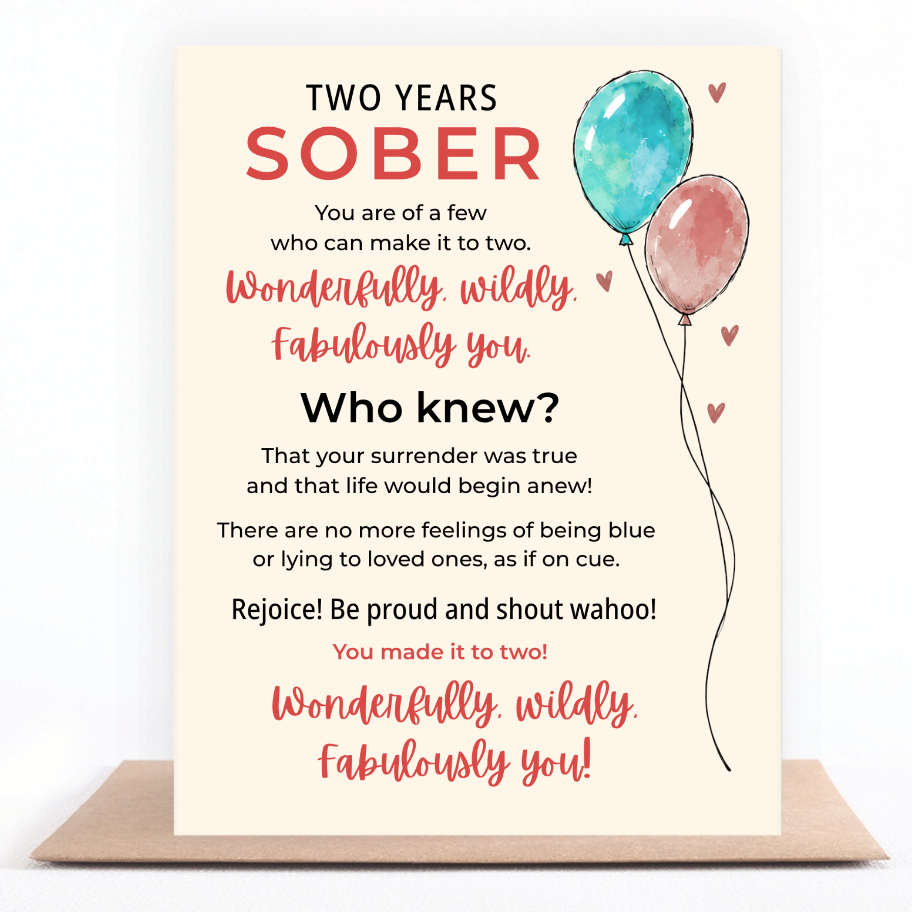 Two Year Sober anniversary card with teal and pink watercolor balloons, a heartfelt sobriety milestone gift