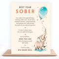 Best Year Sober sobriety greeting card featuring an elephant holding a blue balloon celebrating recovery and choosing yourself one day at a time.
