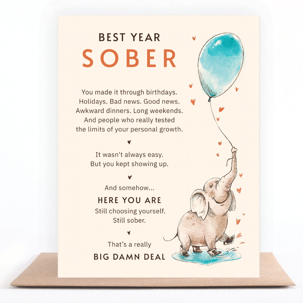 Best Year Sober sobriety greeting card featuring an elephant holding a blue balloon celebrating recovery and choosing yourself one day at a time.