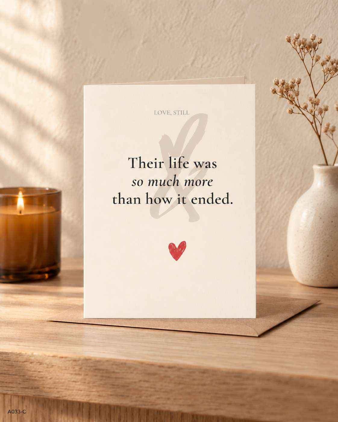 Their Life Was More Than How It Ended sympathy card shown with kraft envelope for a stigmatized loss