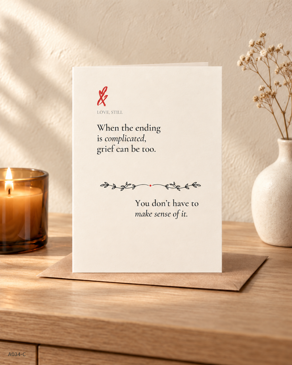 When the Ending Is Complicated grief card styled with kraft envelope for ambiguous loss support