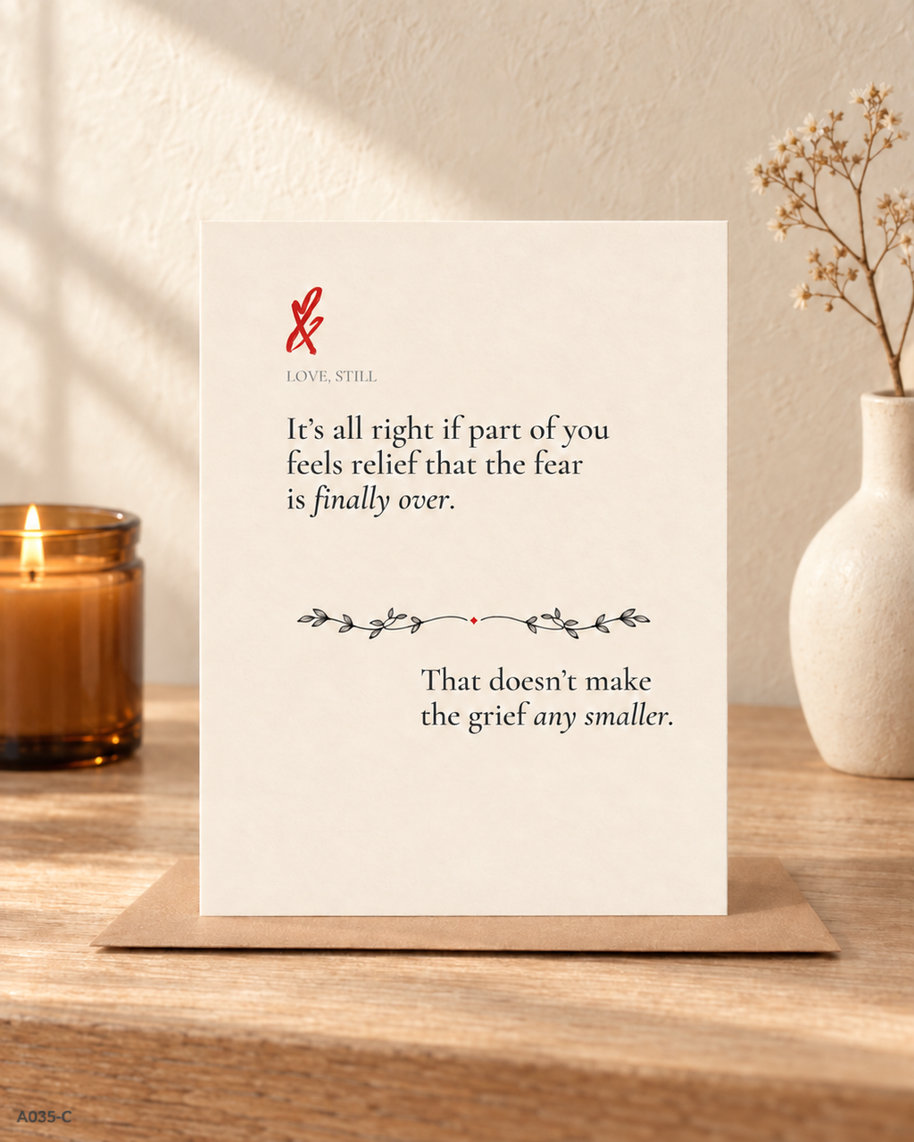 Relief After Loss sympathy card displayed with kraft envelope for complicated grief and relief