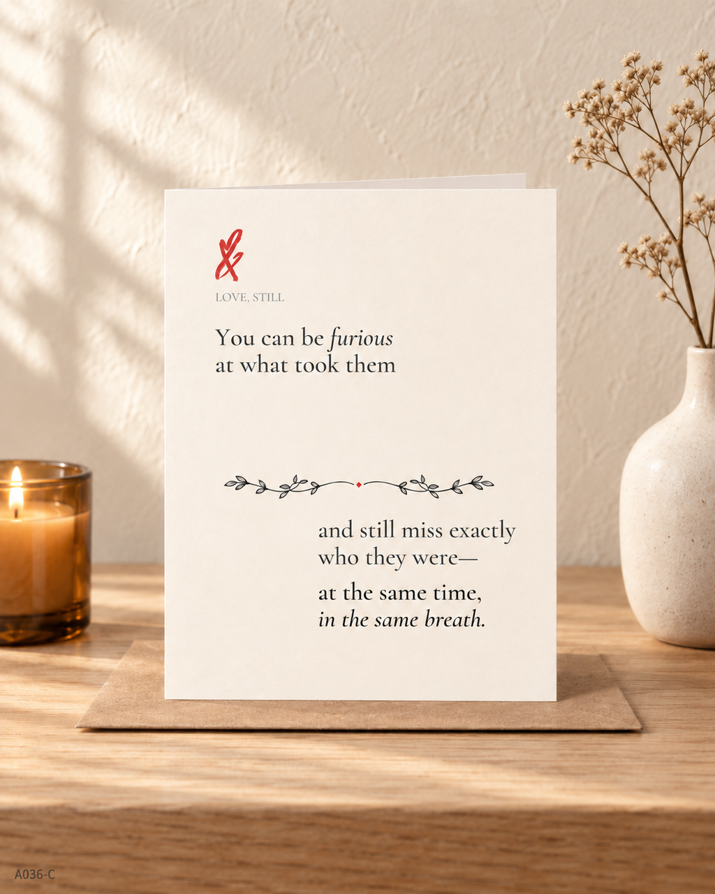 Anger and Grief sympathy card styled with kraft envelope, honest support after a difficult loss