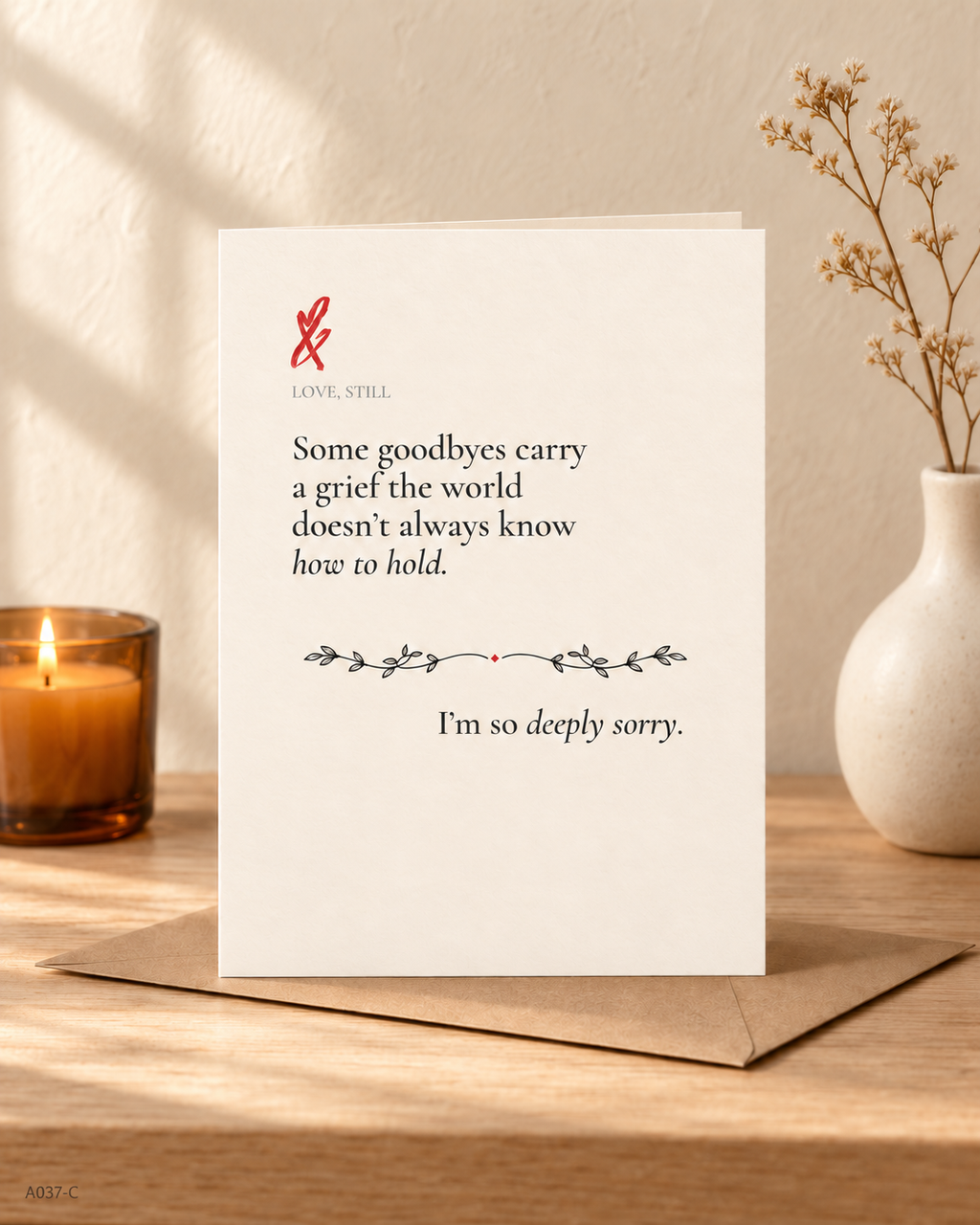 Some Goodbyes Carry Grief sympathy card shown with kraft envelope for a misunderstood loss