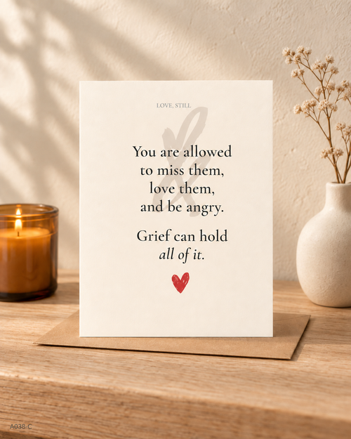 Grief Can Hold All of It sympathy card styled with kraft envelope, validating mixed grief emotions