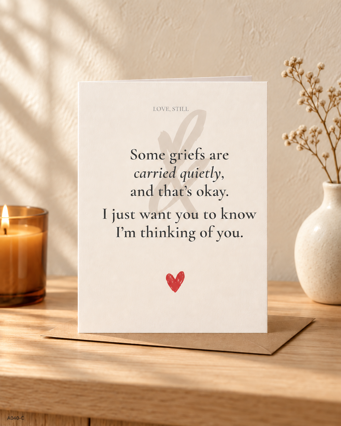 Quiet Grief Thinking of You sympathy card styled with kraft envelope for someone grieving privately