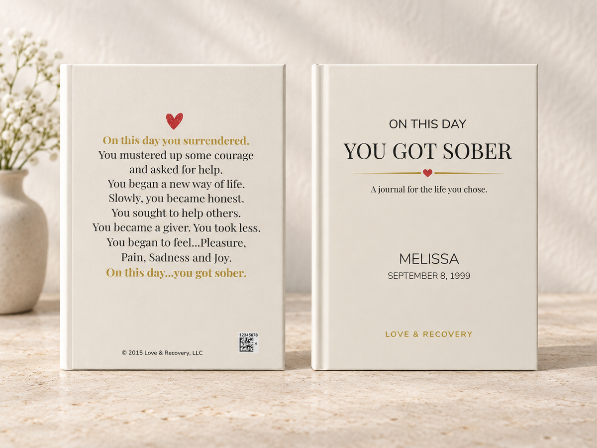 Front and back of personalized sobriety journal showing custom cover and original recovery poem