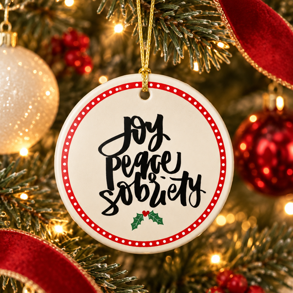 Joy Peace Sobriety ornament hanging on a decorated Christmas tree with string lights and other ornaments