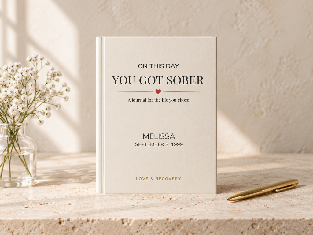 Personalized sobriety anniversary journal standing beside white flowers and a gold pen