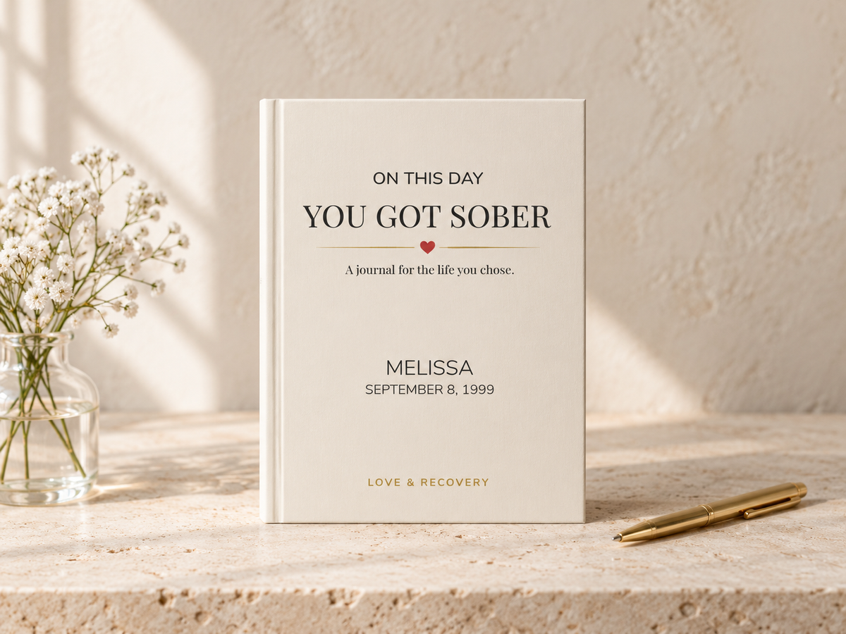 Personalized sobriety anniversary journal standing beside white flowers and a gold pen