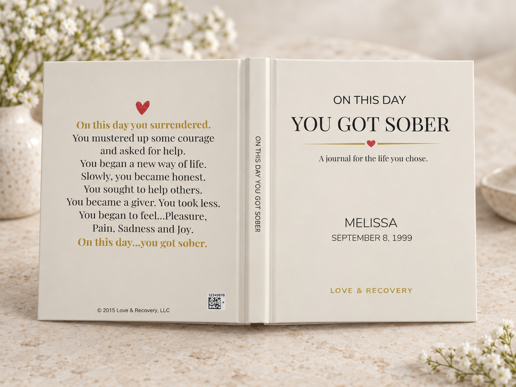 Full wraparound cover of personalized sobriety journal with front design, spine and original poem