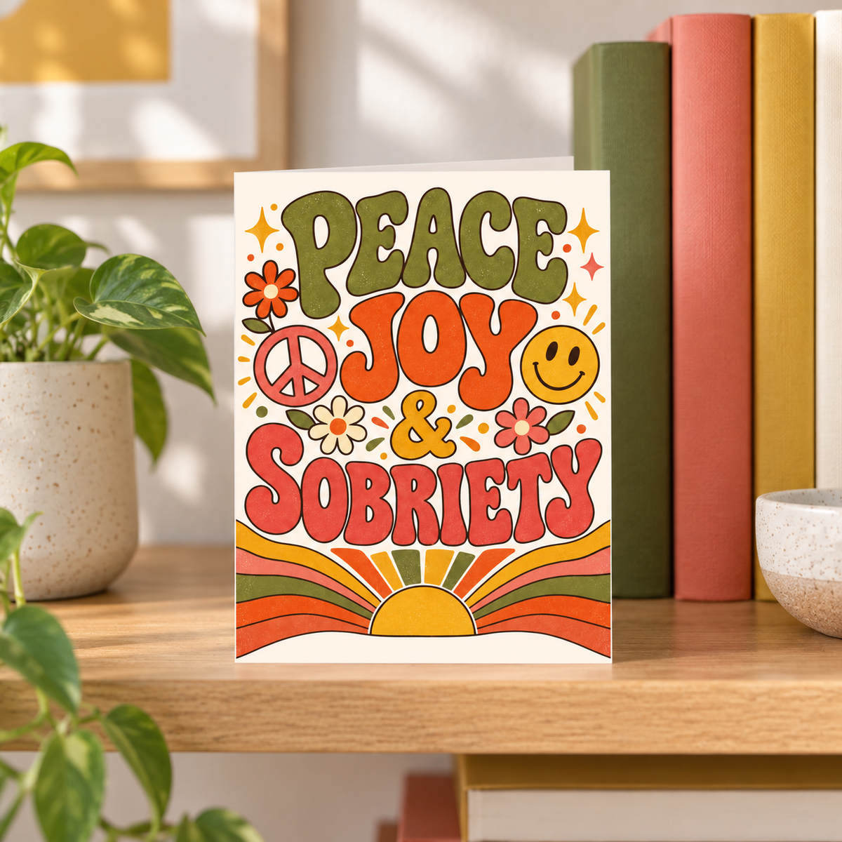Peace Joy & Sobriety card styled with books, a thoughtful sobriety gift for someone in recovery