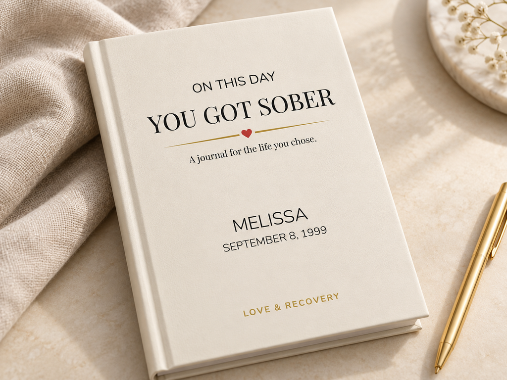 Personalized sobriety journal styled on neutral fabric beside a gold pen