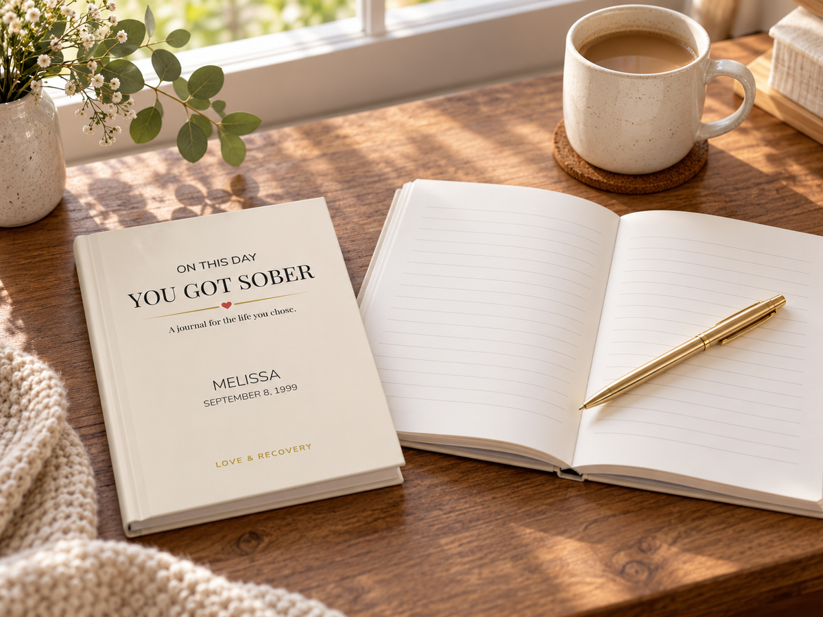 Personalized sobriety journal beside an open lined journal and gold pen