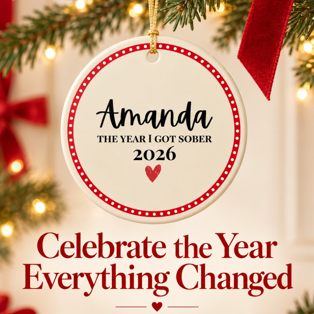 Celebrate the Year Everything Changed graphic featuring the personalized Amanda sobriety ornament hanging from an evergreen branch