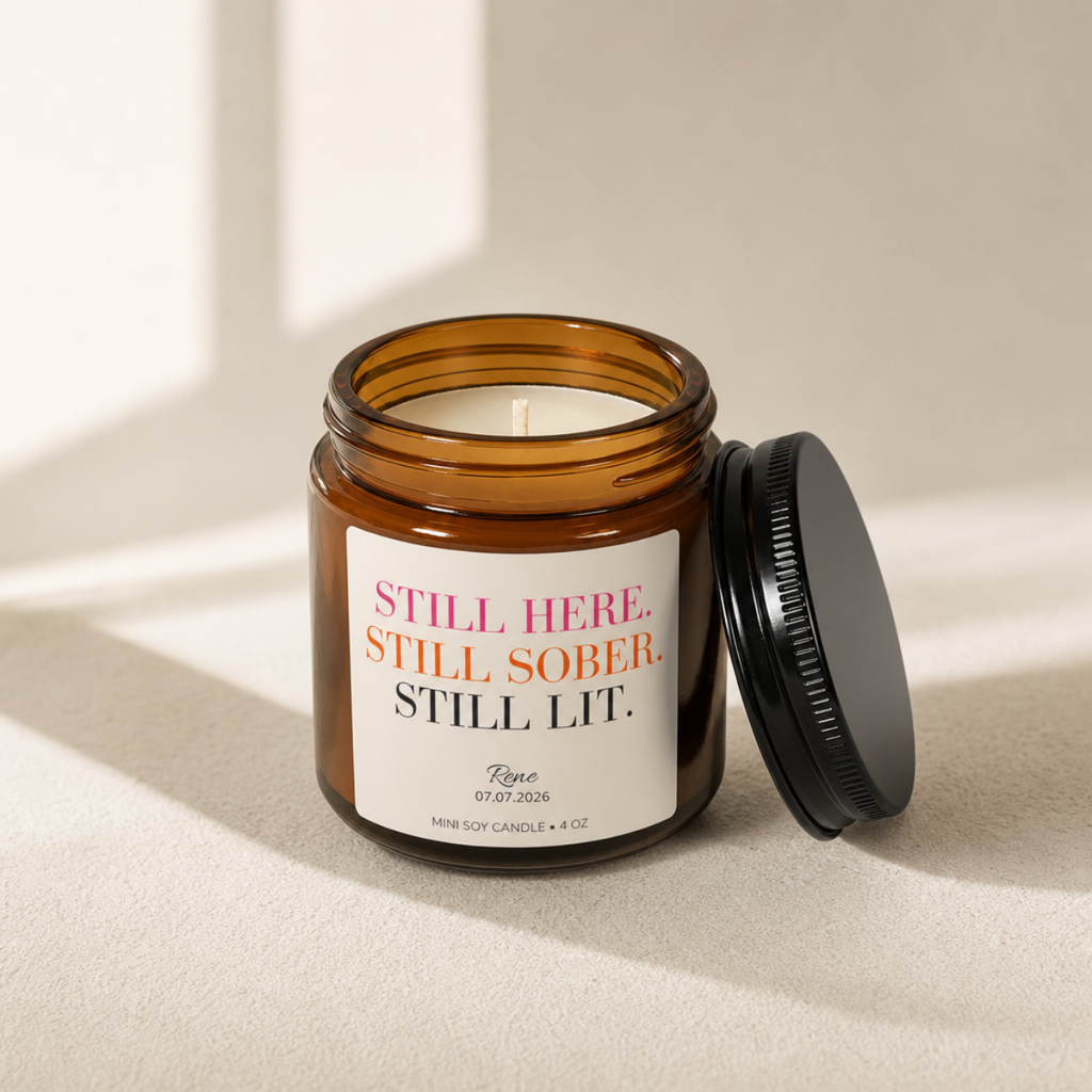 Personalized Sobriety Candle -- Still Here. Still Sober. Still Lit. | 4 oz Amber Jar