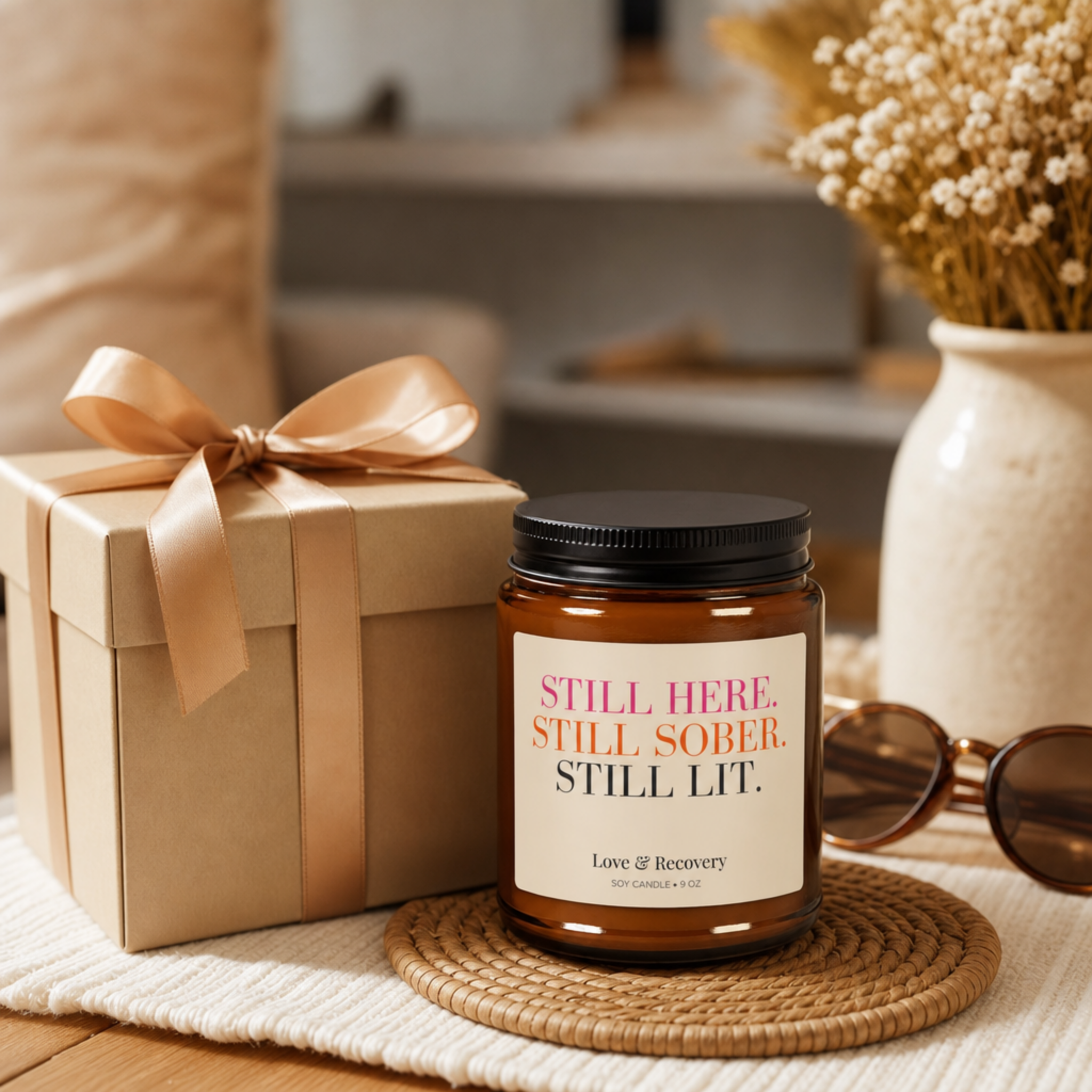 Sobriety Candle -- Still Here. Still Sober. Still Lit. | 4 oz Amber Jar