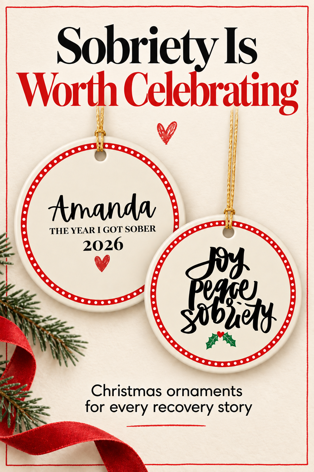 Sobriety Is Worth Celebrating graphic featuring the Joy Peace Sobriety ornament and a personalized Amanda sobriety ornament with holiday ribbon and greenery