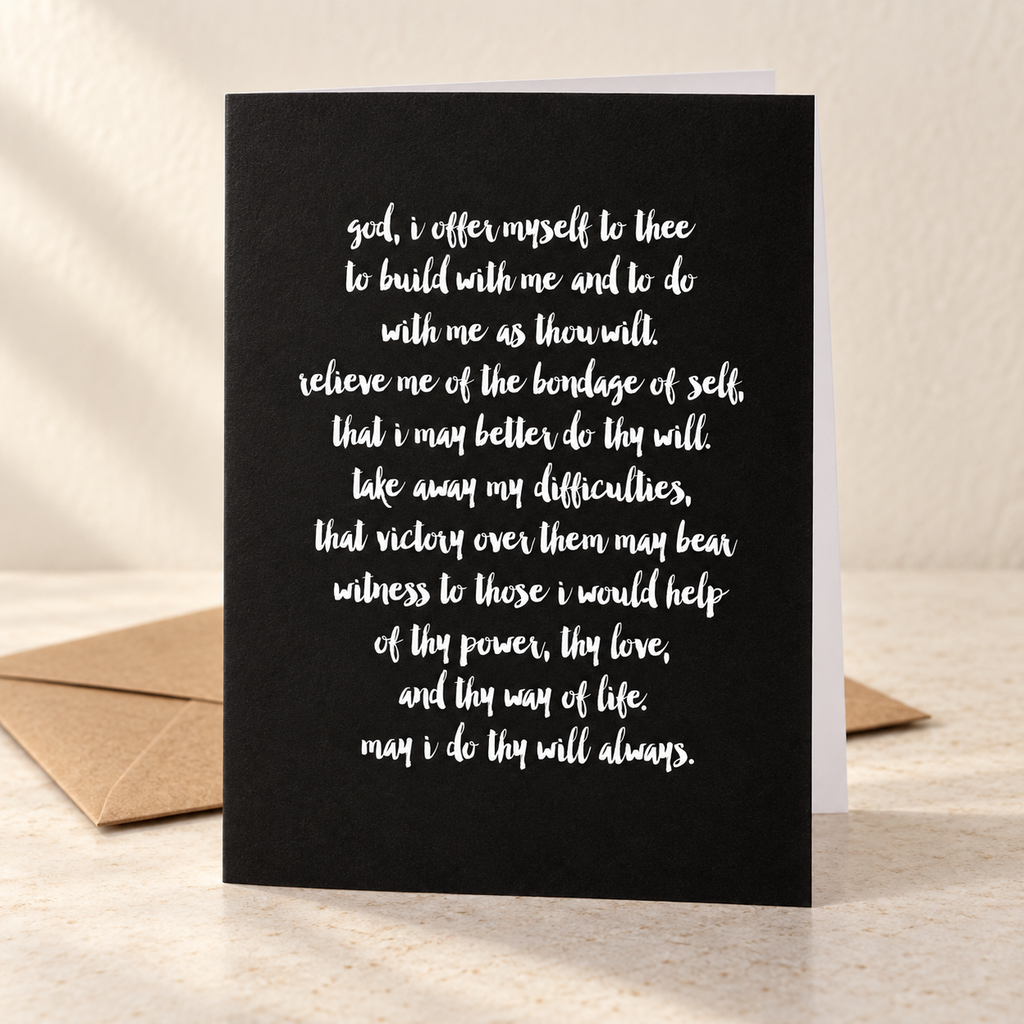 Third Step Prayer greeting card with hand-lettered AA prayer in white script on black cardstock