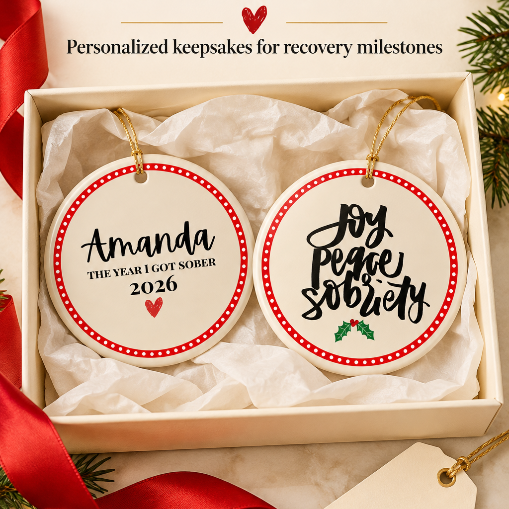 Sobriety Christmas ornaments presented in a gift box with red ribbon