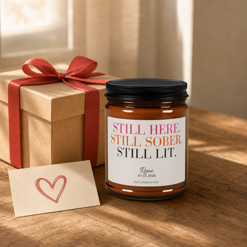 Personalized Sobriety Candle -- Still Here. Still Sober. Still Lit. | 4 oz Amber Jar