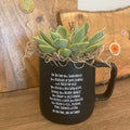 Black sobriety anniversary mug displayed with succulent on rustic wood