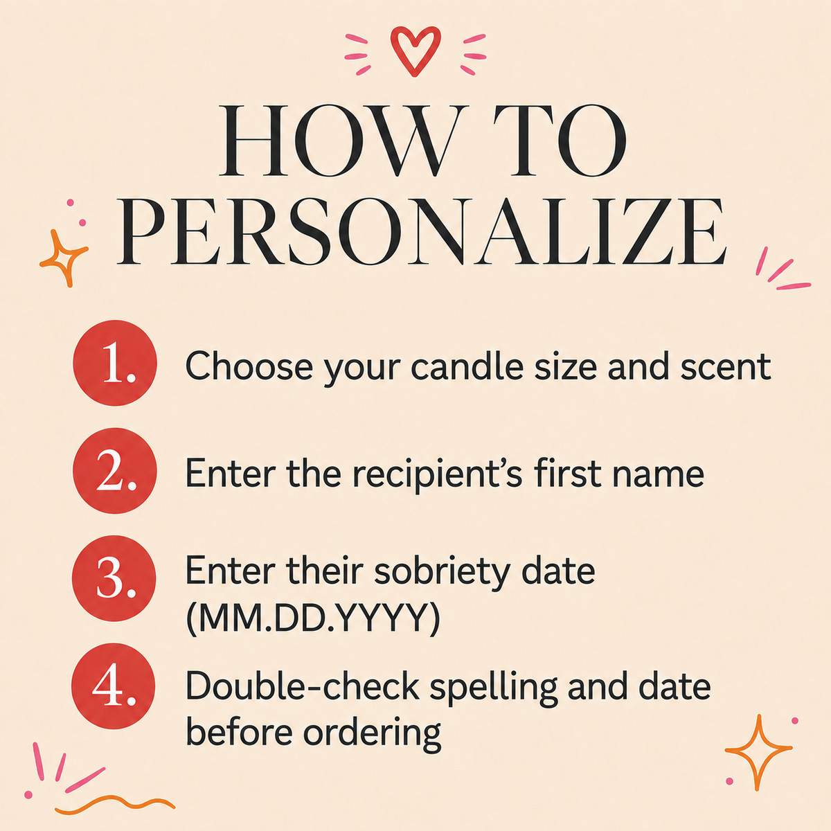 Infographic showing how to personalize the sobriety candle: choose size and scent, enter name and sobriety date, double-check before ordering