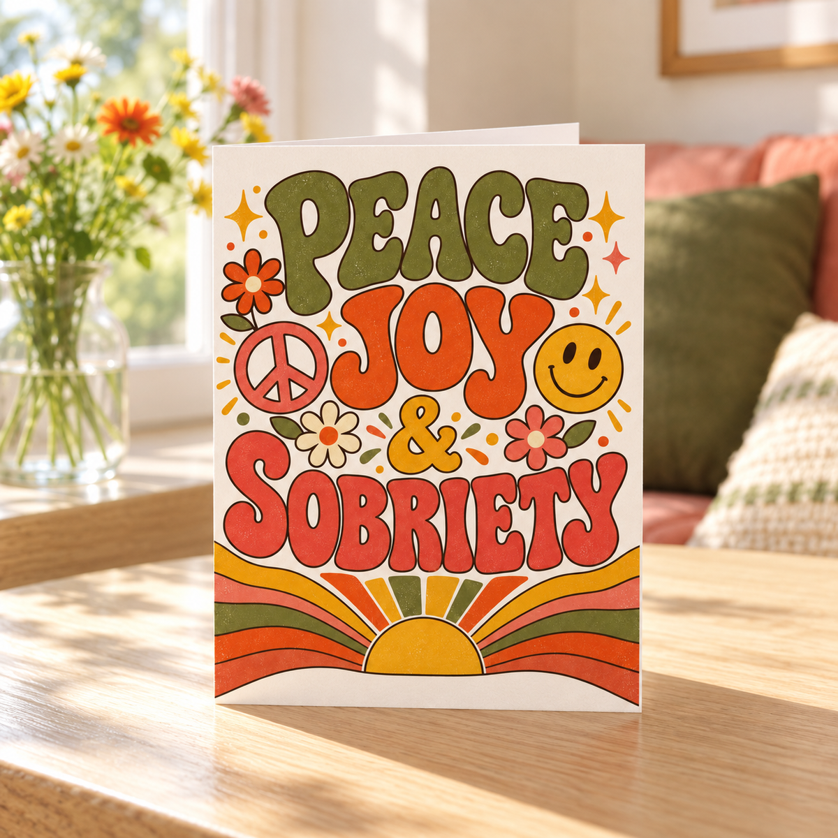 Peace Joy & Sobriety card close-up showing groovy retro lettering and floral design
