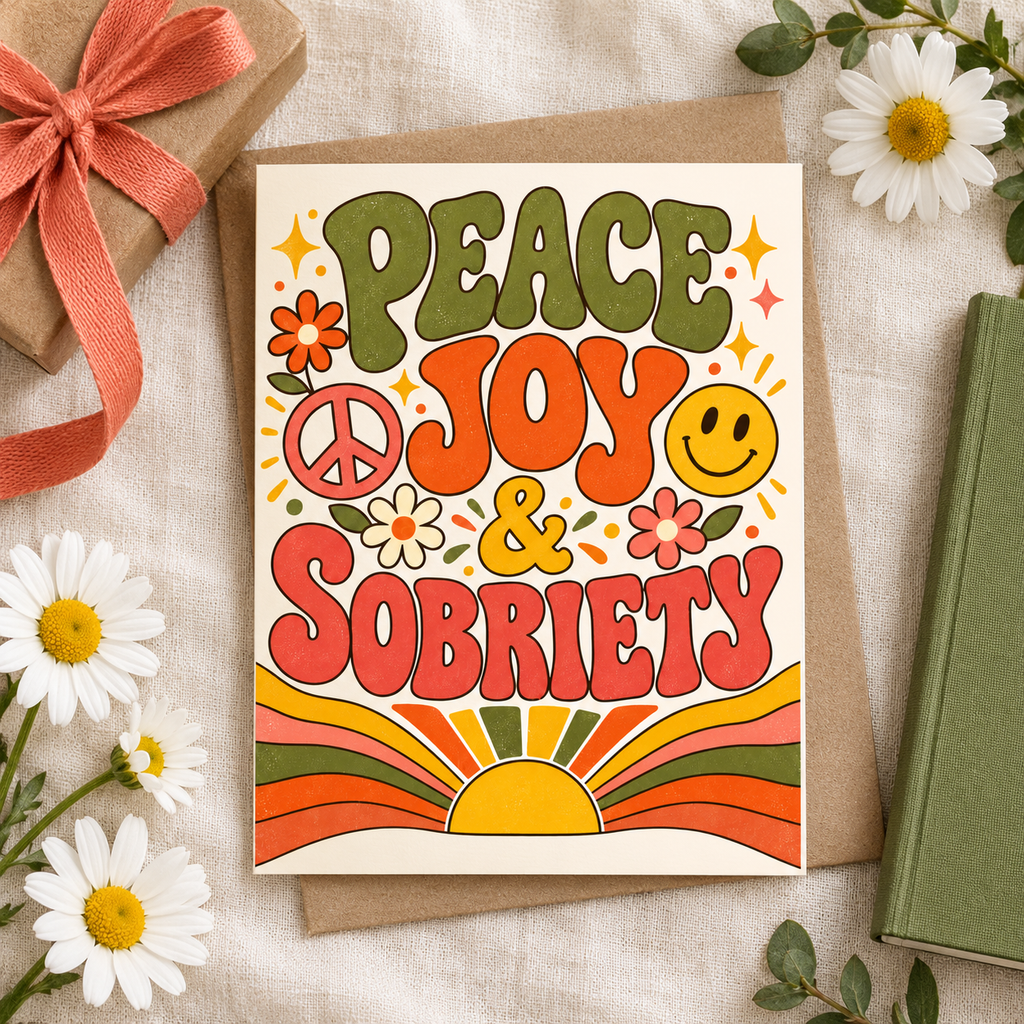Peace Joy & Sobriety card styled with a journal, a mindful sobriety and recovery gift
