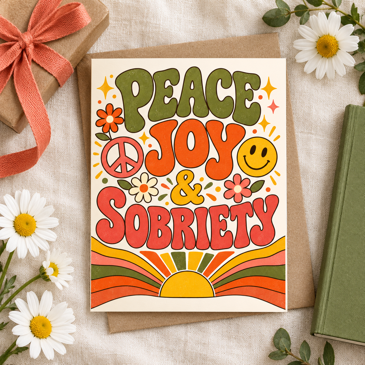 Peace Joy & Sobriety card styled with a journal, a mindful sobriety and recovery gift