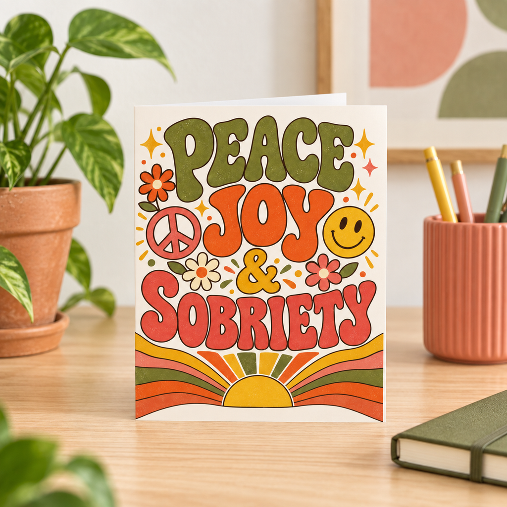 Peace Joy & Sobriety card styled with colored pencils, a creative sobriety celebration gift